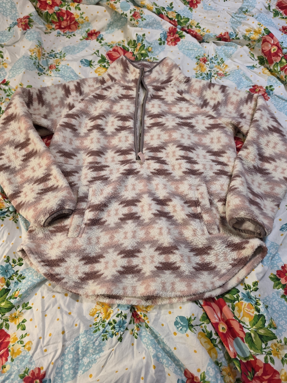 Maurices Pink and Taupe Patterned Sherpa Half-Zip Turtleneck